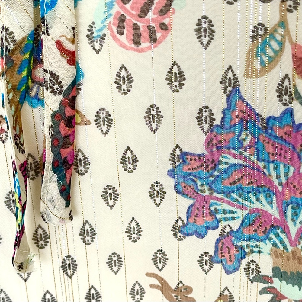 LOFT Ann Taylor Chiffon Bohemian Blouse Shimmer Vine Smocked Ruffle Tie Neck - Picture 13 of 16